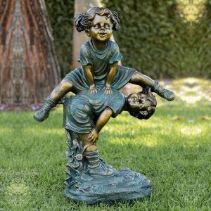 Girl Jumping Over Boy Garden Bronze Sculpture For Sale