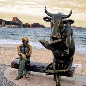 Famous Animals Sculpture Bronze Old Man And Bull Reading Books Statue For Sale