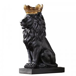Fiberglass Black Lion Statue With Gold Crown For Sale