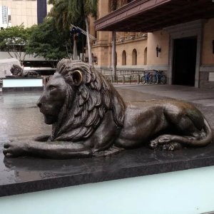 Hand Carved Bronze Lion Lying Down Statue