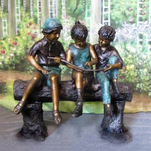 Children'S Sculpture Bronze 3 Kids On A Log Statue For Sale
