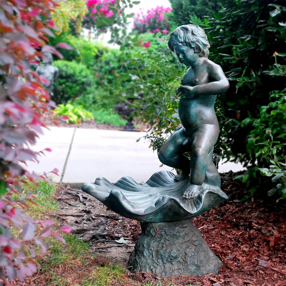 Bronze Water Fountain Sculpture Boy Tinkling On Shell Fountain For Sale - Image 2