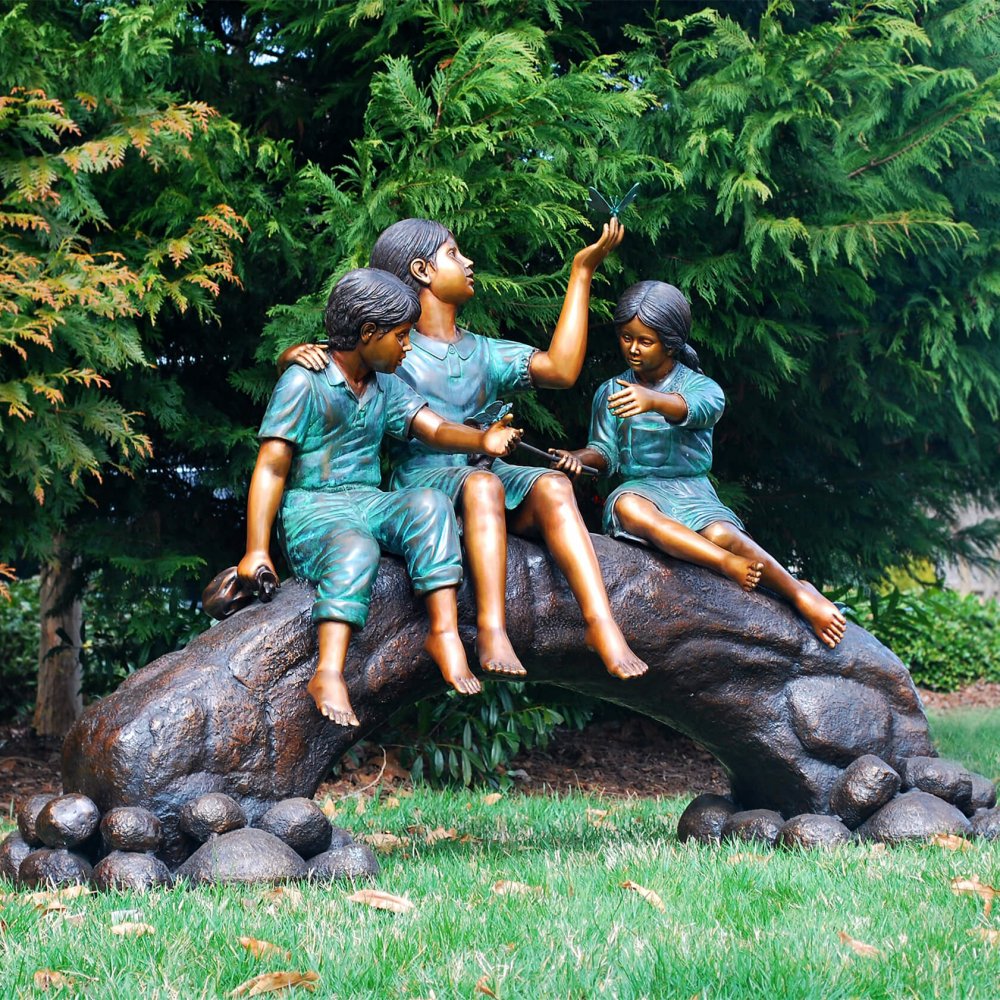 Bronze Children On Log With Butterflies Sculpture For Sale