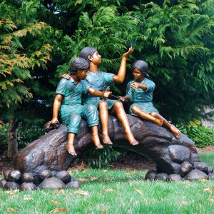 Bronze Children On Log With Butterflies Sculpture For Sale