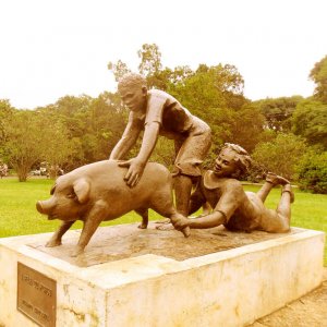 Life Size Bronze Wild Boar With Children Sculpture For Sale