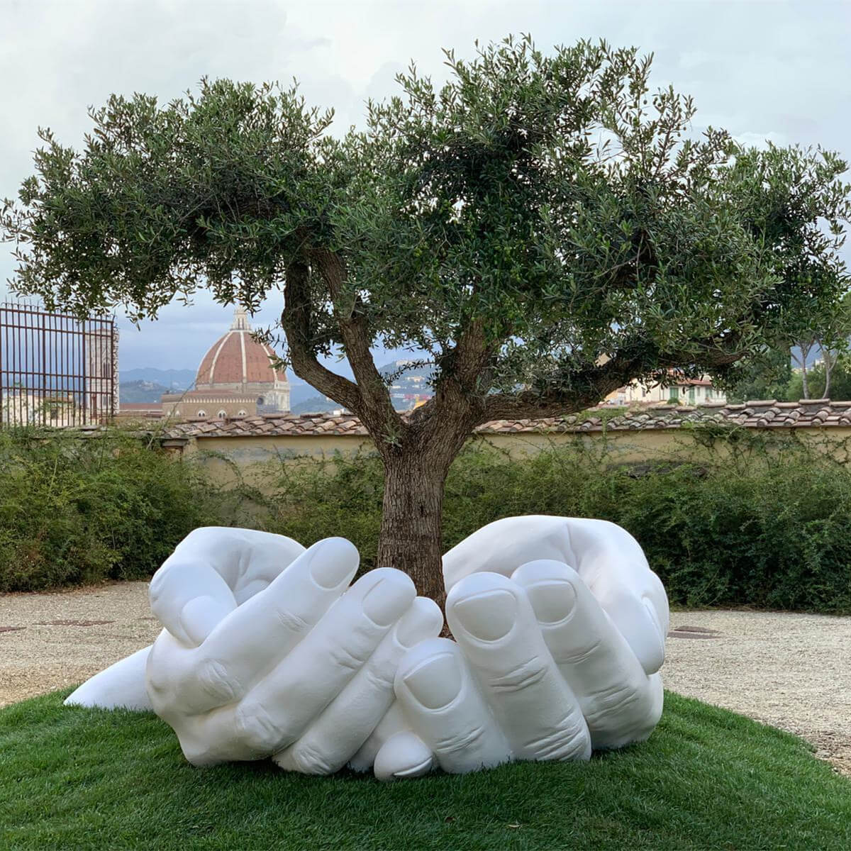 Fiberglass Giant Hands Holding An Olive Tree Sculpture For Sale