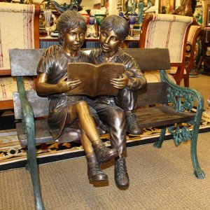 Bronze Statue Kids Reading A Book On Bench For Sale