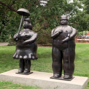 Bronze Man With Cane And  Woman With Umbrella Botero Sculpture
