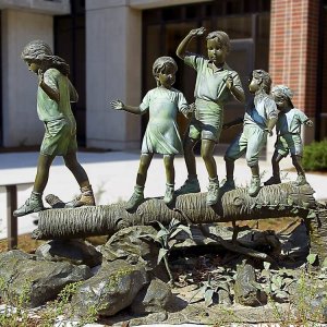 Playing On Tree Stump Boy And Girl Bronze Garden Statues For Sale