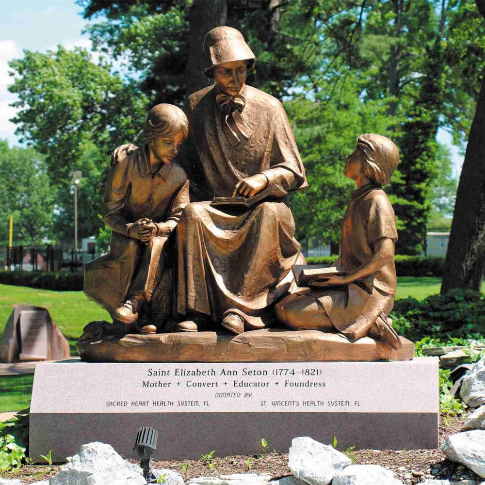 Bronze Sculpture Saint Elizabeth Ann Seton With Two Children For Sale - Image 3
