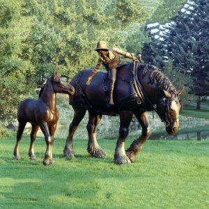Bronze Horse Metal Kid Riding Sculpture the Babysitter For Sale