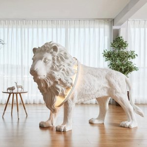 Hand Carved Fiberglass Lamp Lion Statue For Living Room