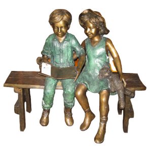 Sitting Bronze Children Reading Sculpture For Sale