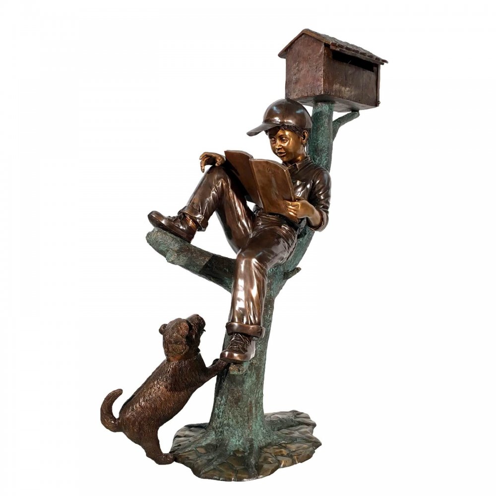 Bronze Reading Boy With Dog On Log Mailbox Statue For Sale