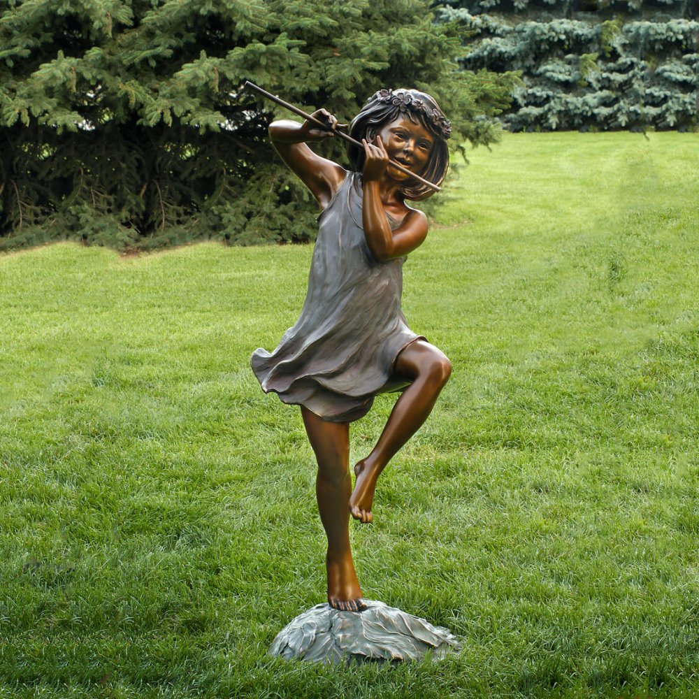Bronze Garden Sculpture Young Girl Plays The Flute Statue For Sale