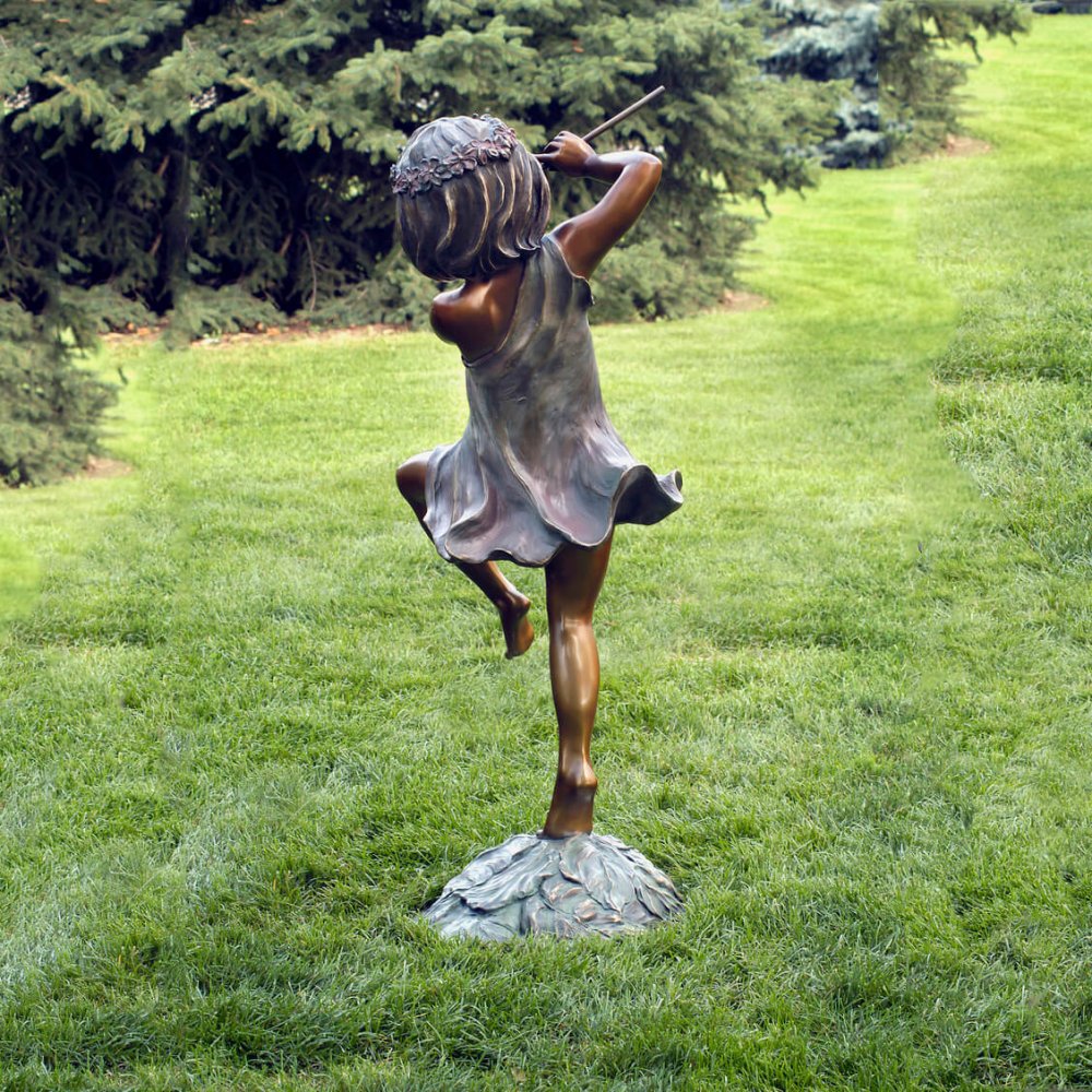 Bronze Garden Sculpture Young Girl Plays The Flute Statue For Sale - Image 3