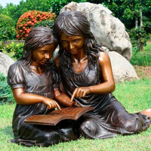 Mom And Girl Reading Bronze Statue For Sale