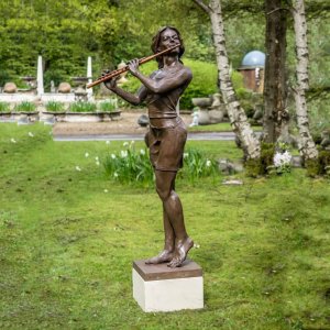 Life Size Woman Playing The Flute Bronze Garden Statue For Sale