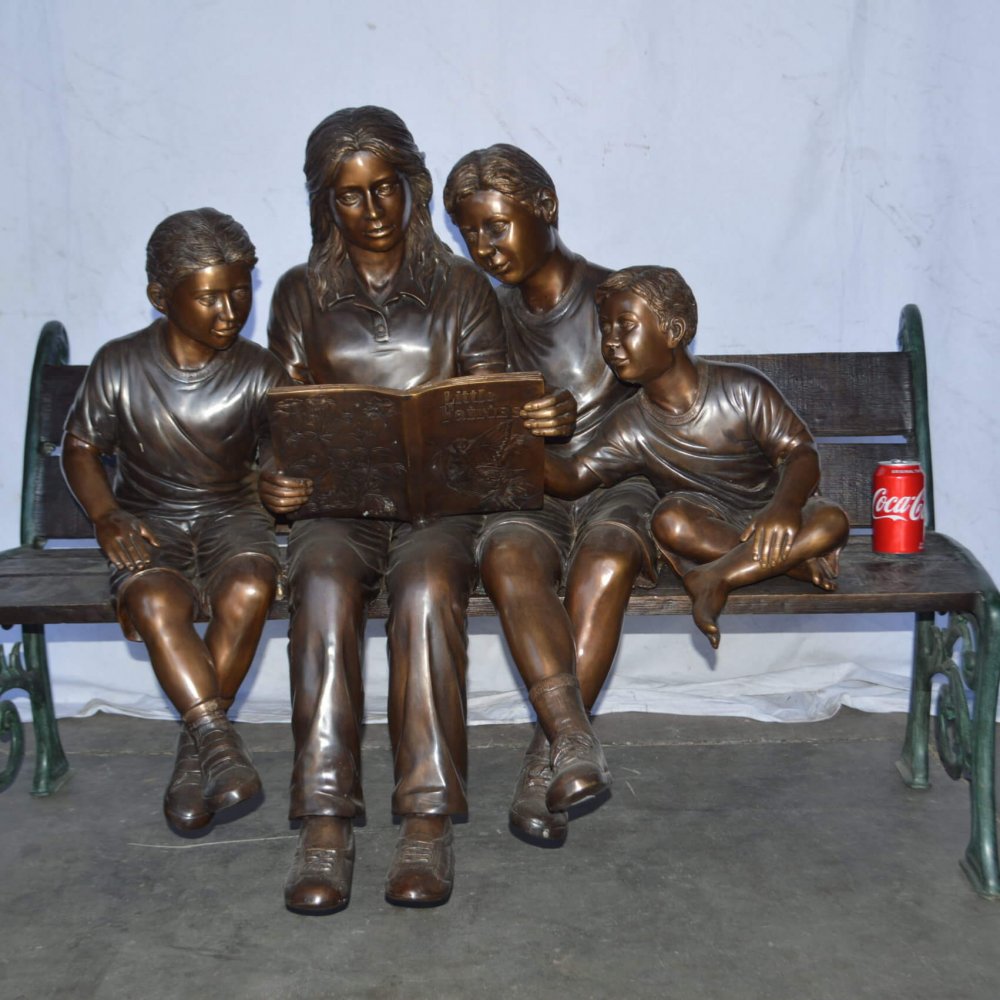 Mom And Boys Reading Stories Bronze Statue For Sale