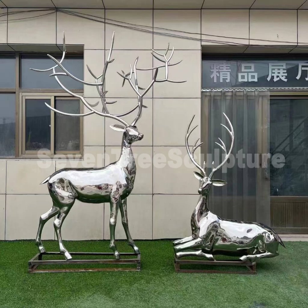 Mirror Polished Stainless Steel Reindeer Sculpture For Sale SevenTreeSculpture